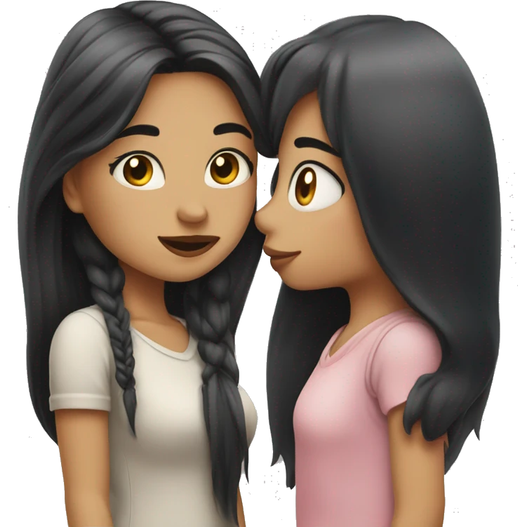 A girl kissing another girl on the cheek, both are blushing. They both have white skin and long black hair emoji