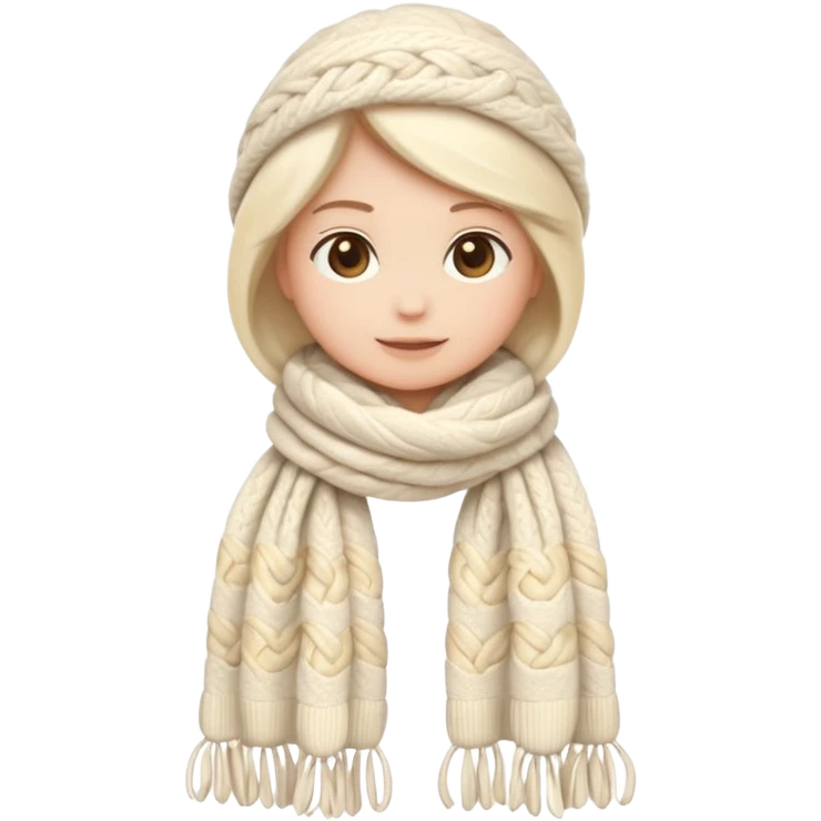 cute soft-matte emoji of an ivory scarf with thick cable-knit patterns, light beige accents, cozy and fluffy winter texture, gently folded shape, minimal details, warm and soft shading emoji