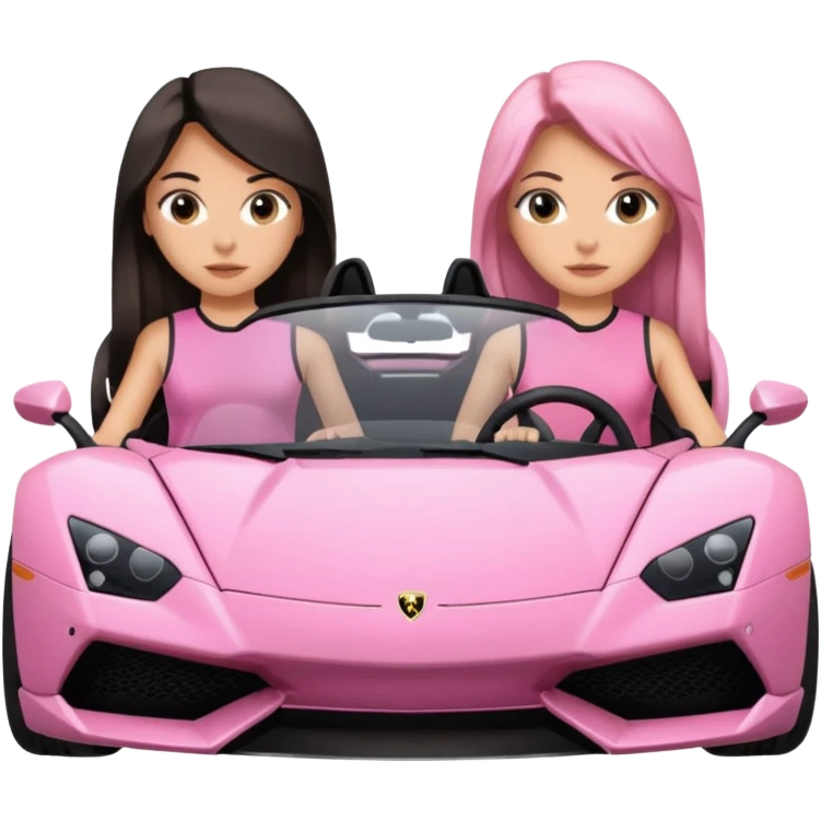 Make car far away so I can see full car Car facing forward in sports car. Make hair long  two girls in car far away Front of car sitting in the seats. Make it a pink sports car. They are two baddies make it a Lamborghini pink car  emoji