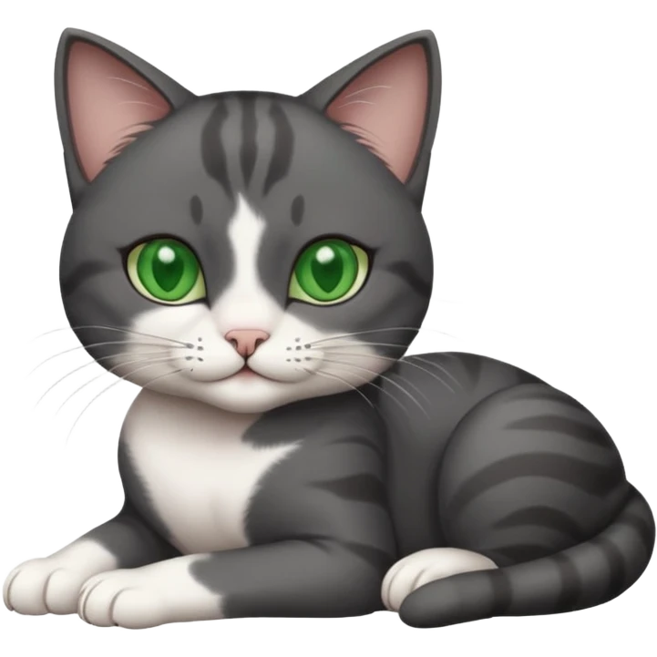 beautiful female solid dark grey cat with green eyes, white toes/paws and white patch on her chest rolling over emoji