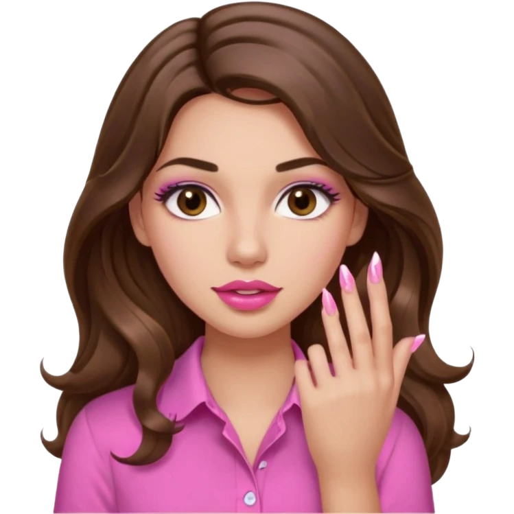 girl with long wavy brown hair, brown eyes, light to medium complexion, in a pink shirt, pink lips, long lashes, puckered lips,  showing  finger nails emoji