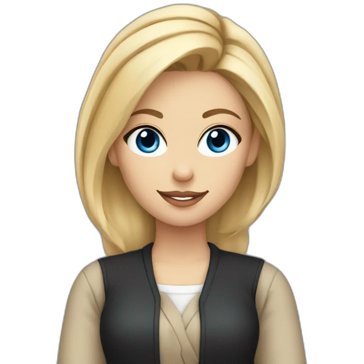 female designer with pen behind ear, blonde bun, black shirt, beige cardigan, blue eyes emoji