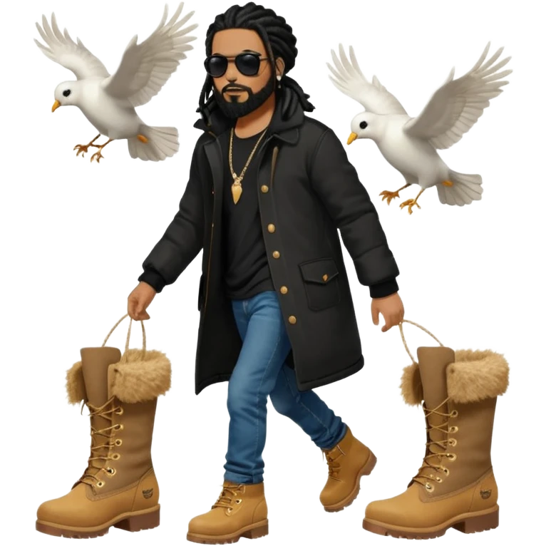 African American man with shoulder length black dreadlocks with black beard wearing black sunglasses wearing a black bubble winter coat wearing denim skinny jeans wearing wheat timberland boots walking with a white dove flying behind him emoji