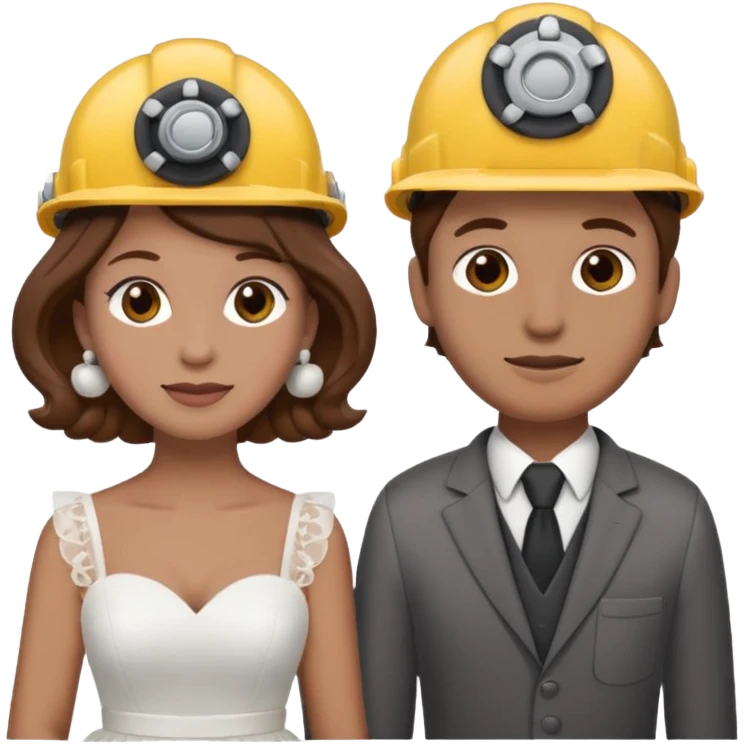 bride and groom couple, both with brown hair, bride has curlers in her hair, both wearing construction helmets and flats, emoji style emoji