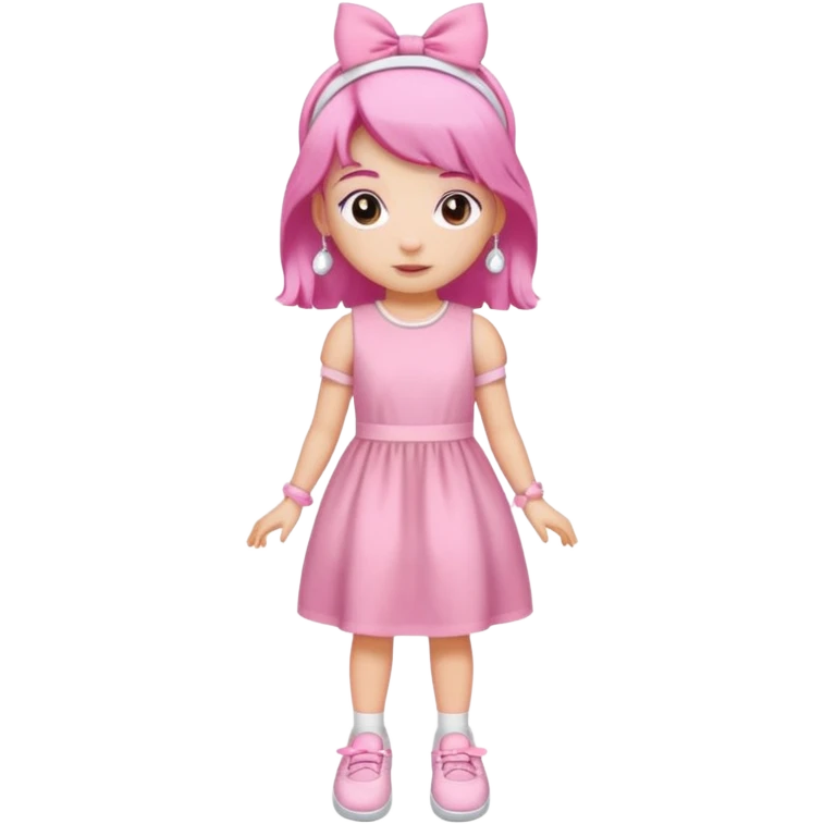 A girl wear a a pink pink dress and pink wacth and a pink hairband and a white shoes emoji