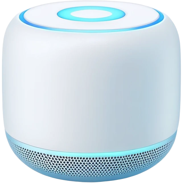 Modern Apple-style smart speaker, elegant and minimalist design with soft glow on top emoji