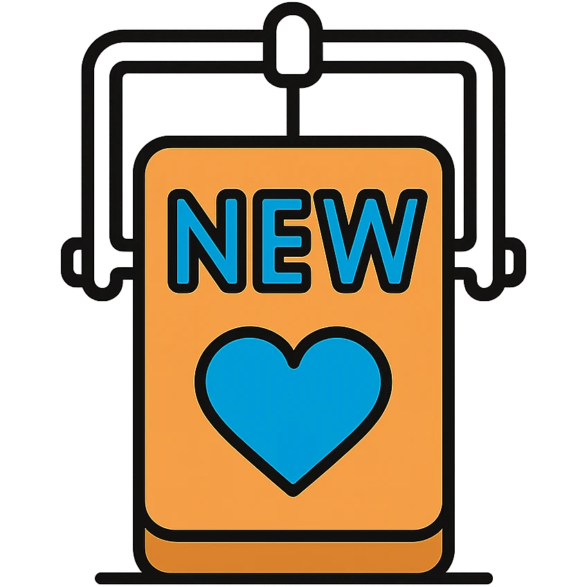 blue NEW text and blue heart on a mousetrap emoji