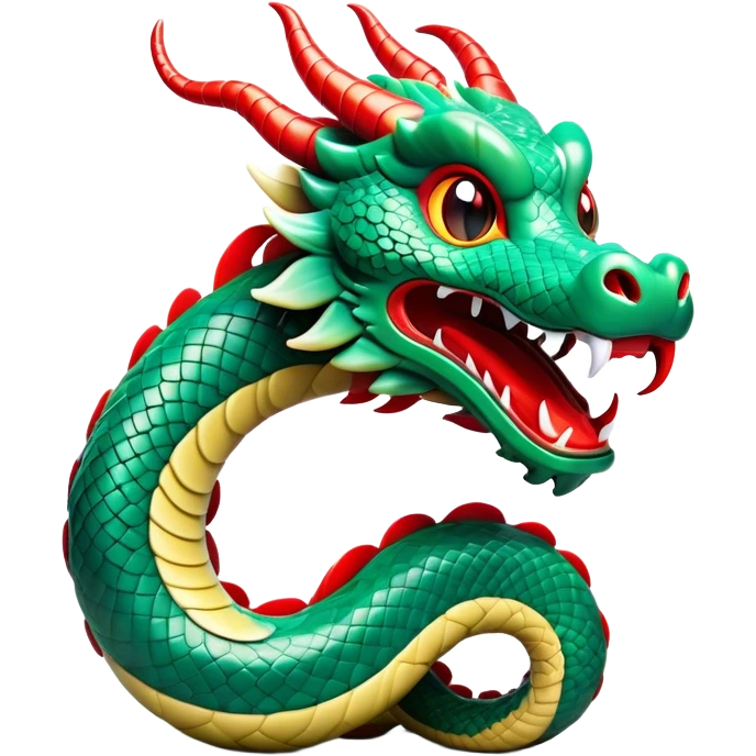 Cinematic Comical Chinese Serpent Dragon Portrait Emoji, Head tilted dramatically with an exaggeratedly amused expression, featuring a sleek, serpentine form adorned in luminous jade and vermilion scales interlaced with playful cloud and water accents; rendered with vibrant, lifelike textures and dynamic natural shadows, high shine, playful yet wise, styled with an air of cheeky ancient mystique, soft glowing outline, capturing the essence of a spirited and humorously enigmatic celestial dragon that looks ready to spiral into legendary lore! emoji
