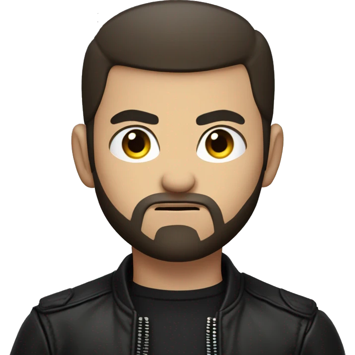 young man with very short dark brown hair and beard,buzzcut,  cool outfit, black leather jacket and black shirt underneath, evil look, angry look, very angry emoji