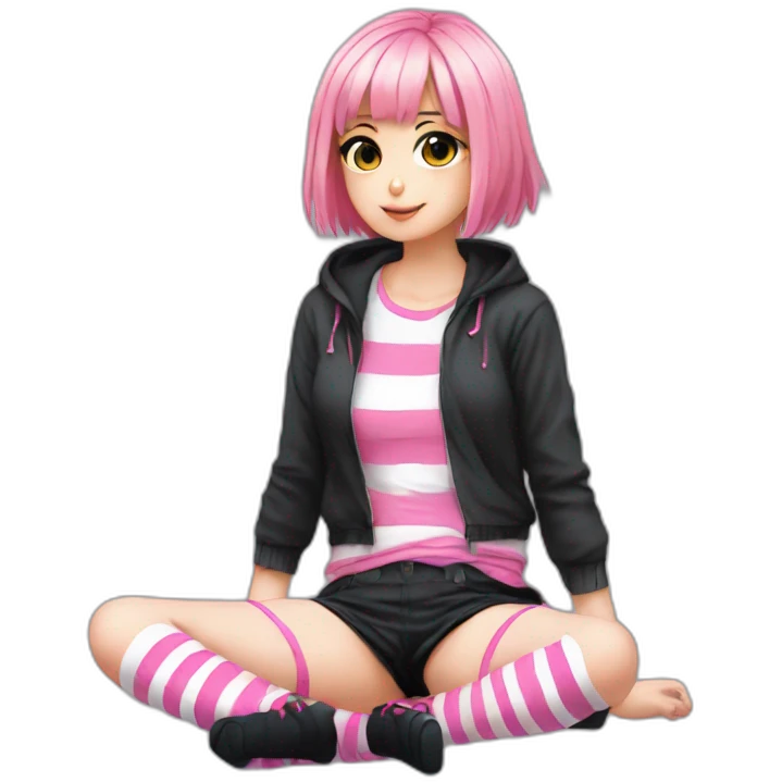 full body Front view emo girl sits on the floor black skirt pink knickers long striped socks emoji