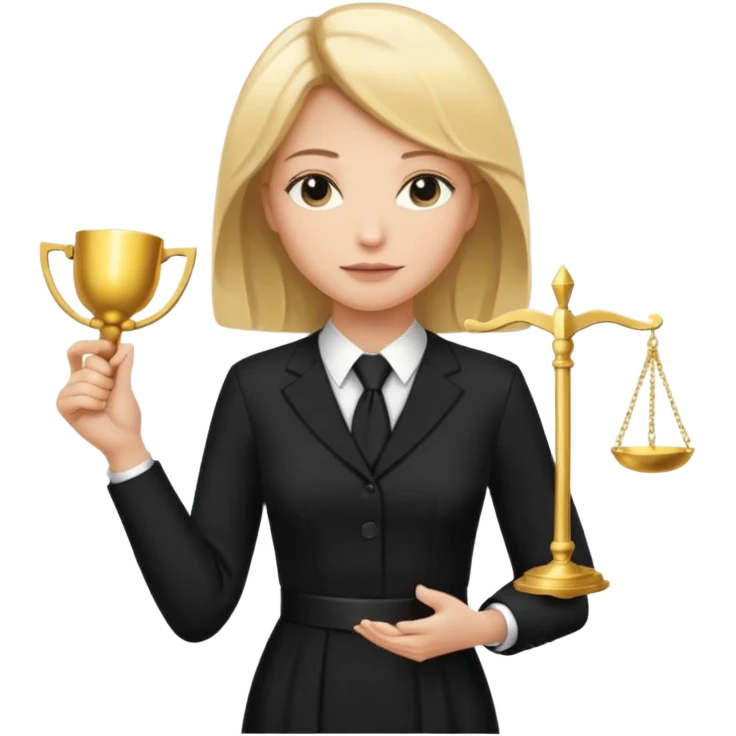 woman lawyer blanche et blonde avec des cheveux mi-long; elle est habillée avec une longue robe noire et une cravate blanche; elle soutient fièrement le symbole de la justice emoji
