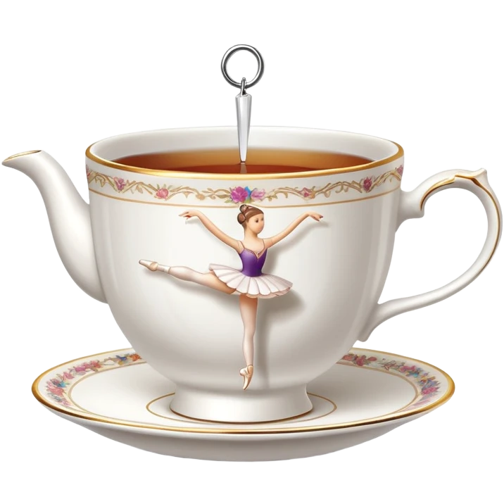 A tea cup with a tea bag tag hanging out, dancing en pointe in a classical ballet position emoji