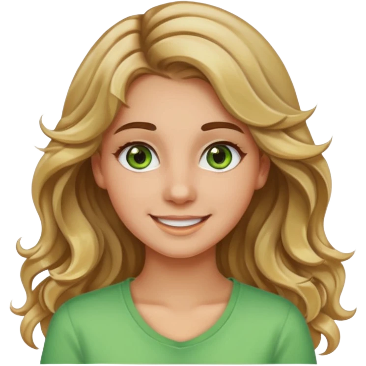 20-year-old girl with long wavy hair brown roots blonde highlights green eyes brown eyebrows good summer tan iPhone emoji style emoji