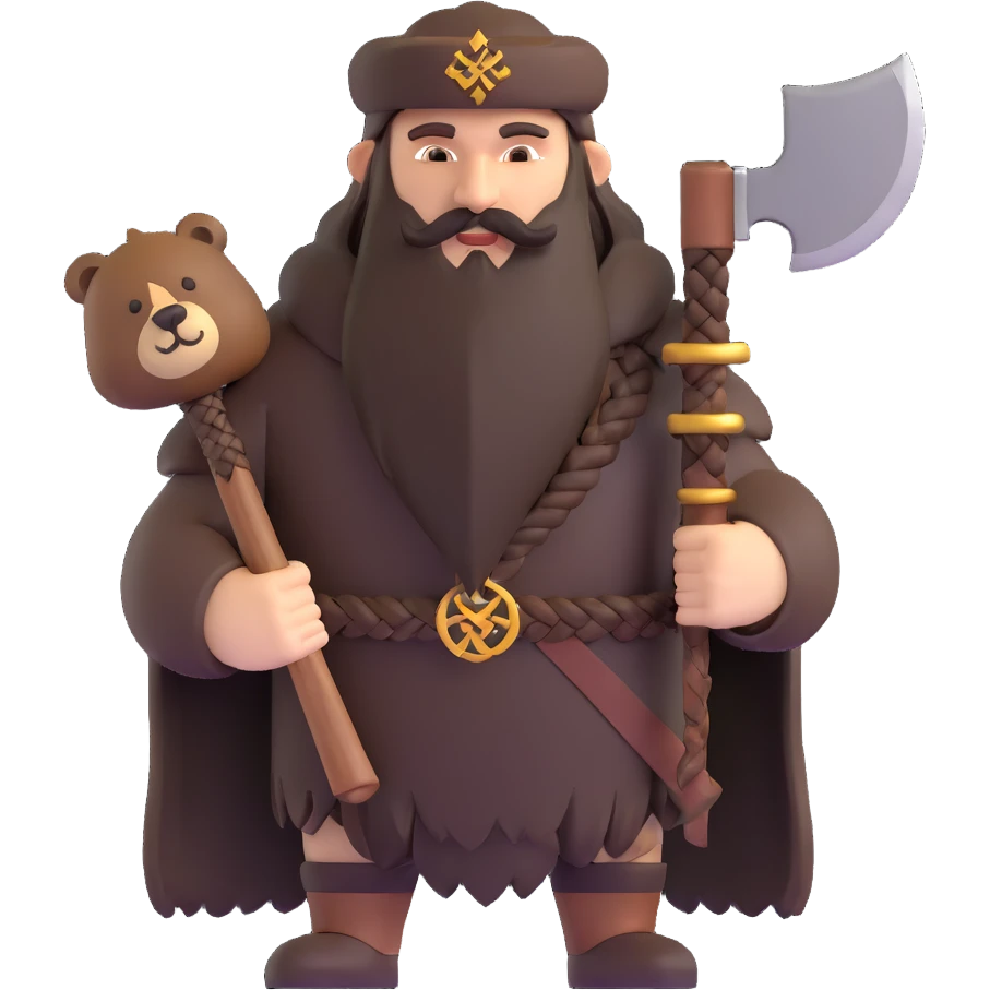 Russian pagan warrior with bear fur, battle axe, Slavic sun symbol amulet, long braided beard emoji