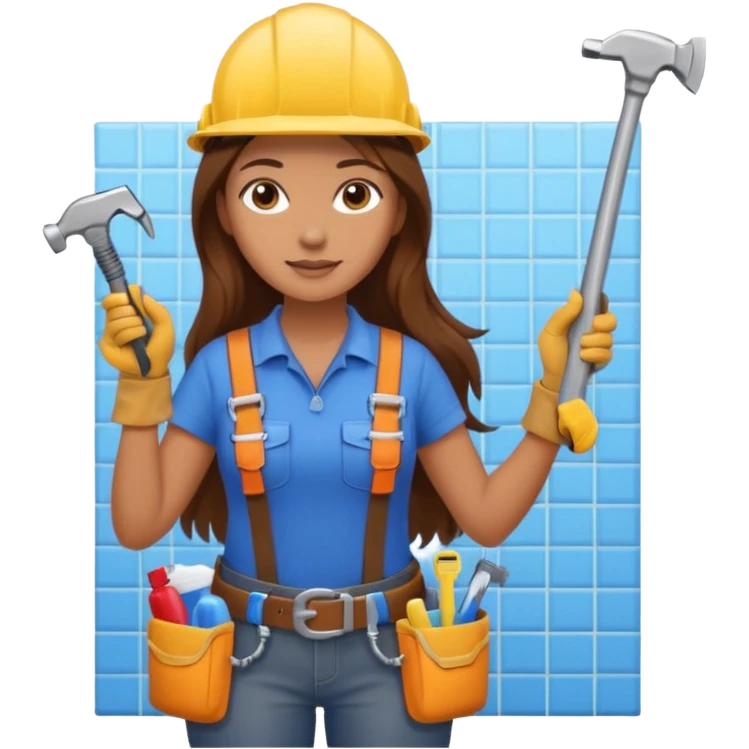 beautiful girl with long brown hair constructing new bathroom area with new shower and amenities  emoji