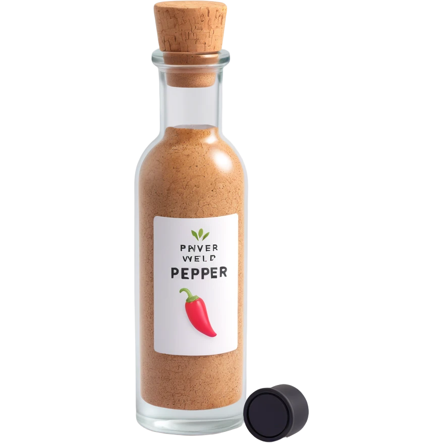 3D style vintage look pepper bottle, cork stopper, frosted glass, label on front, black pepper inside emoji