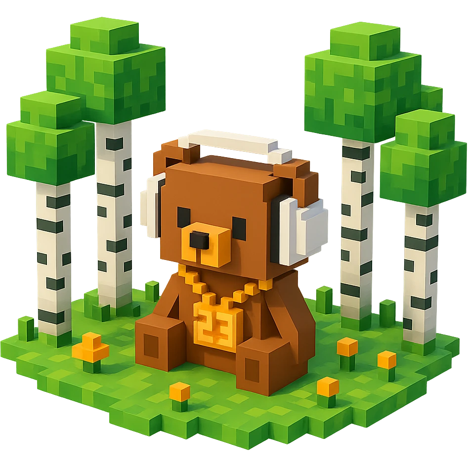 березовый лес, в котором сидит бурый медвежонок в белых наушниках (наушники должны закрывать уши медведя), на медведе цепь с подвеской "23", no background  emoji