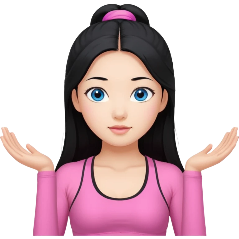 black haired Asian girl super blue eyes long hair yoga with pink clothes emoji