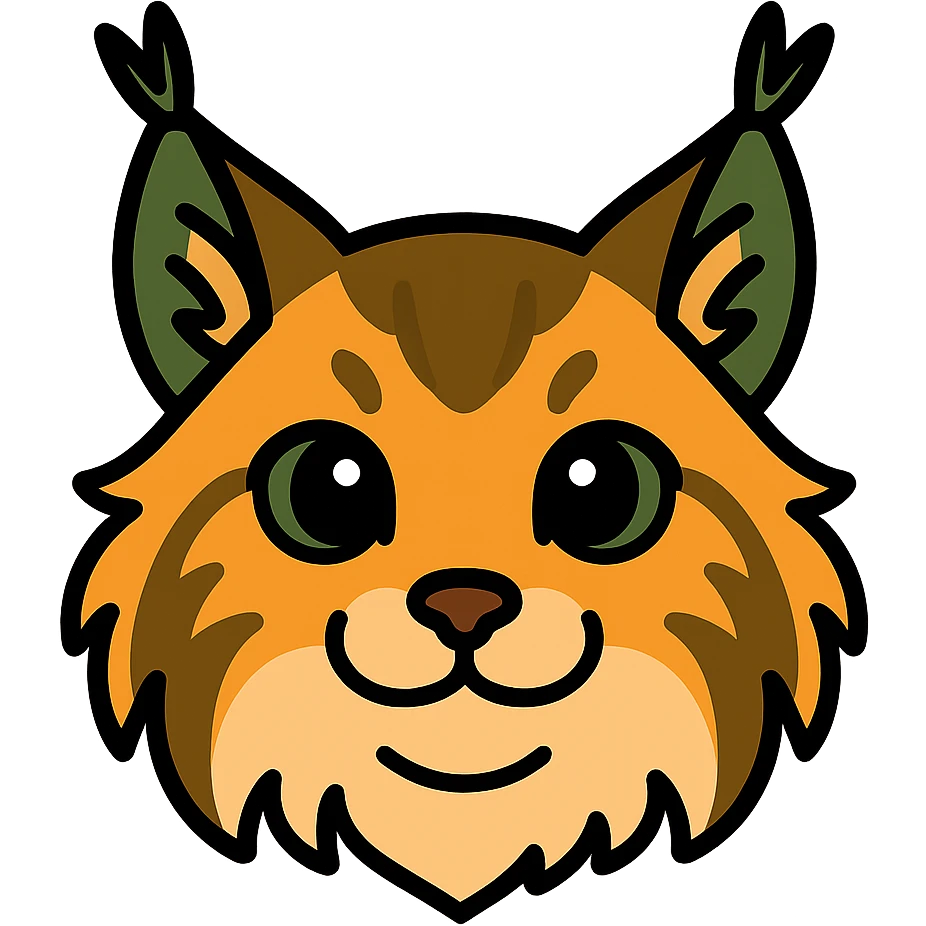 A cute and soft lynx face with big, expressive eyes, designed in a warm and magical color palette: golden orange (FA9B41), forest green (4A7C5C), muted taupe brown (96775A), and pastel peach (FFCC9A). The lynx’s fur is fluffy and soft, with a mix of warm browns and golden highlights. Its ears are tipped with tufts of fur in greenish tones, and its cheeks are gently rounded with subtle peach accents. The eyes are bright and curious, surrounded by soft fur in the warm color palette. The overall look is adorable, serene, and enchanting, evoking a gentle, woodland atmosphere. emoji