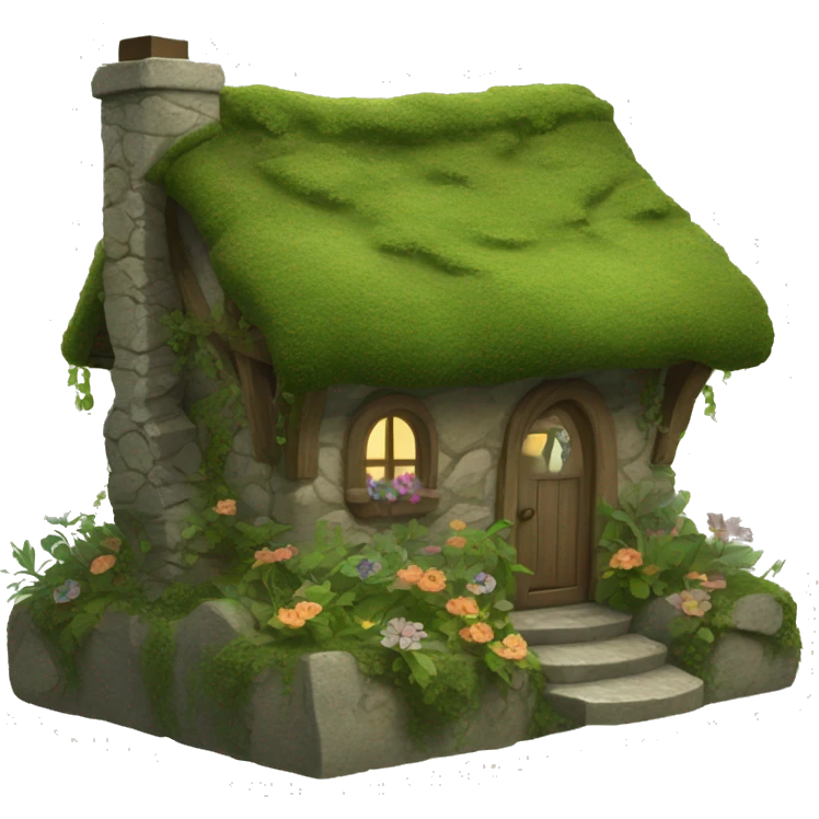 A cozy fantasy cottage made of stone and wood, covered in moss, vines, and flowers emoji