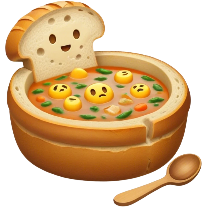 Żurek Cinematic Realistic Żurek Soup Dish Emoji, depicted as a tangy rye soup served inside a hollowed-out round loaf of bread, rendered with rich textures and dynamic, comforting lighting. emoji