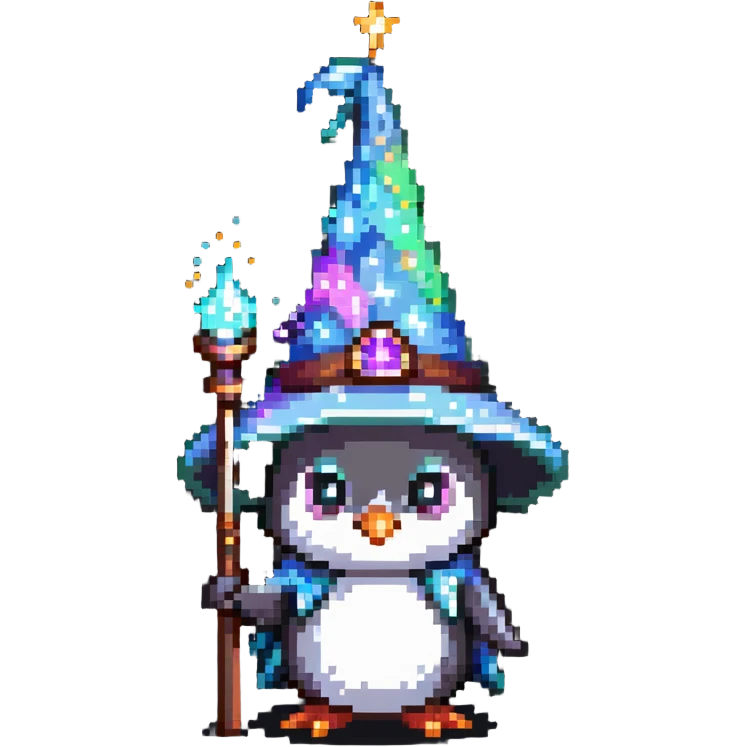 penguin wizard with magical sparkles, a unicorn, fairy, and tiny goblin companion emoji
