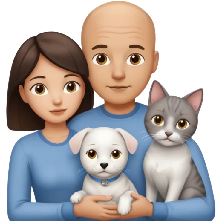 Bald guy and brunette girl with a white dog and Grey cat emoji