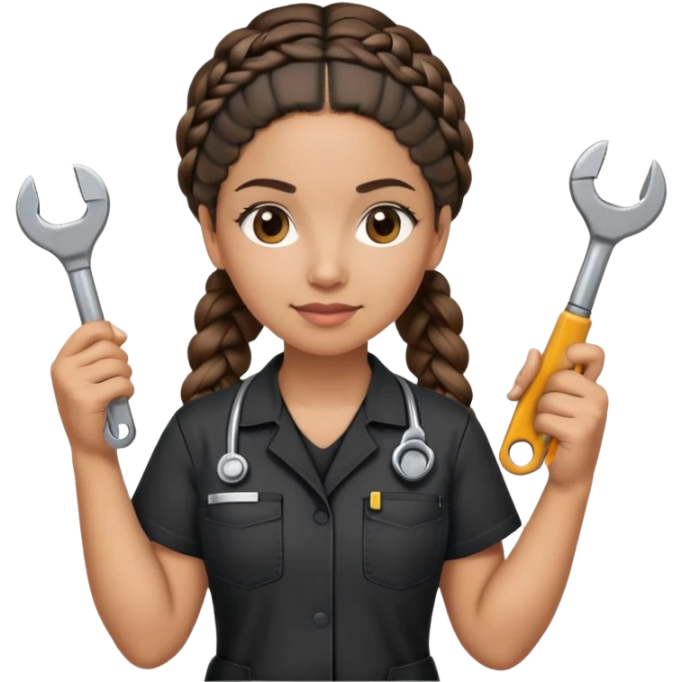 A 40-year-old Latina woman with light brown skin, working as a car mechanic, wearing all black mechanic scrubs, with two braids pulled back from her head emoji
