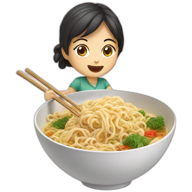 Female asian girl eating noodles emoji
