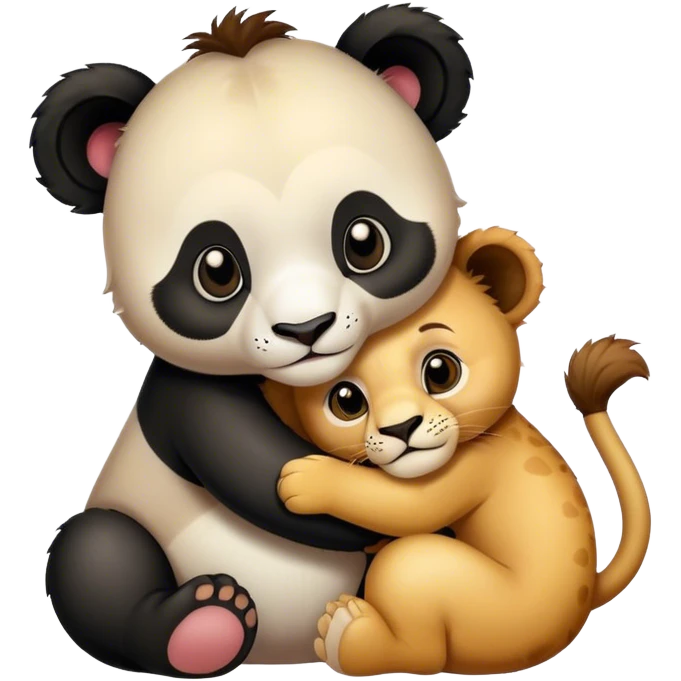 Baby panda and baby lion hug emoji