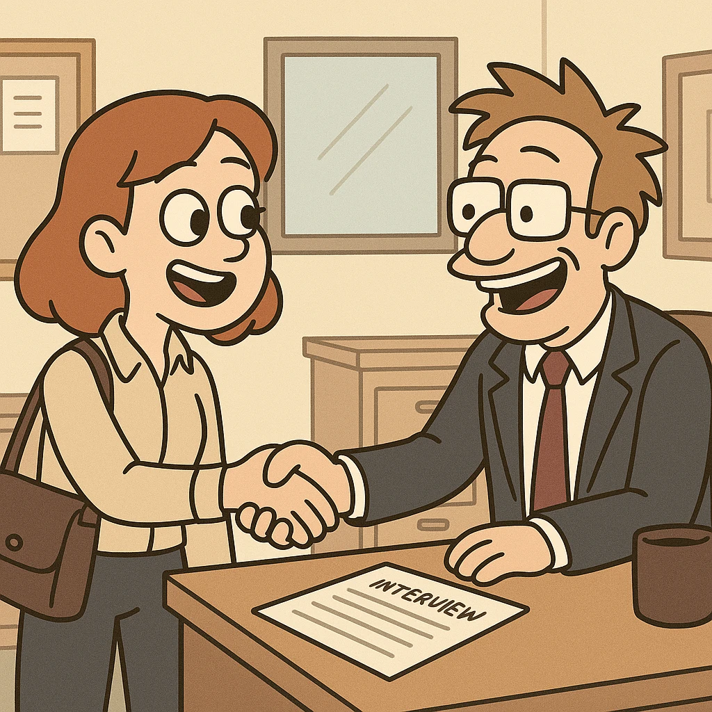 cartoon style illustration of two people shaking hands after an interview, cheerful expressions, office background emoji