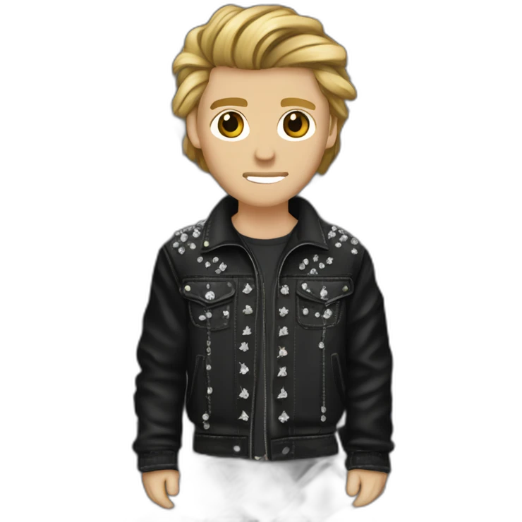 guy with brown-blonde hair wearing rhinestone jacket with barbed wire design, black fabric, rhinestone barbed wire design,  emoji