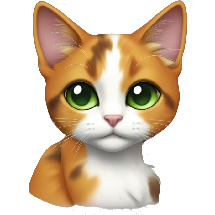 calico cat with green eyes.  a di black pattern around her eyes, The orange fur on her face extends from her forehead down to her mouth, creating a. Her chest and front legs are mostly white, emoji