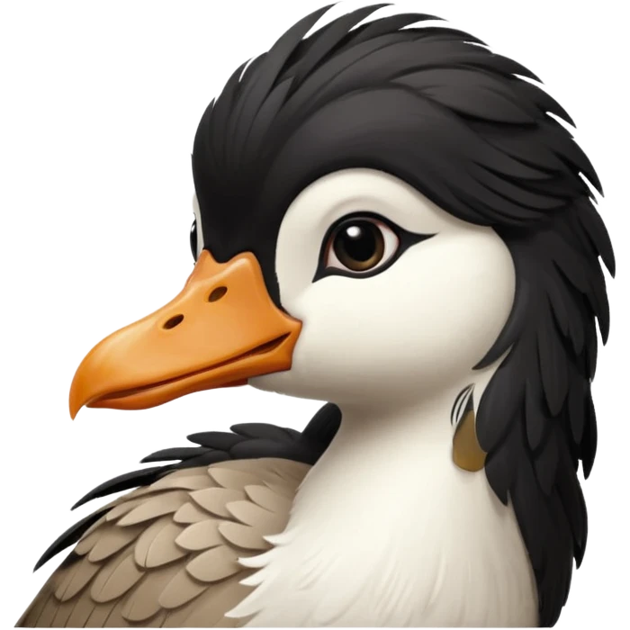goose with long black hair and swoop bangs over one eye emoji