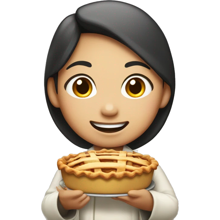 Asian pilgrim girl holding a steaming apple pie with a proud smile. emoji