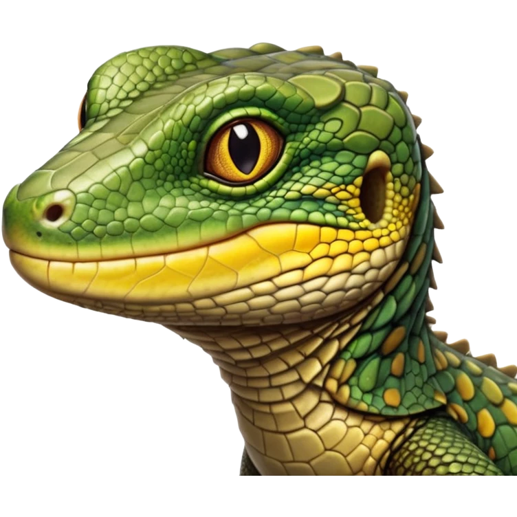 cinematic-realistic-cute-monitor-lizard-portrait-emoji,-head-tilted-playfully-and-inquisitively,-featuring-a-compact,-agile-body-with-finely-detailed,-glossy-scales-in-earthy-olive-hues-and-a-distinct,-alert-face-with-bright,-curious-eyes, yellow, brown spotted and green multi coloured  scales emoji