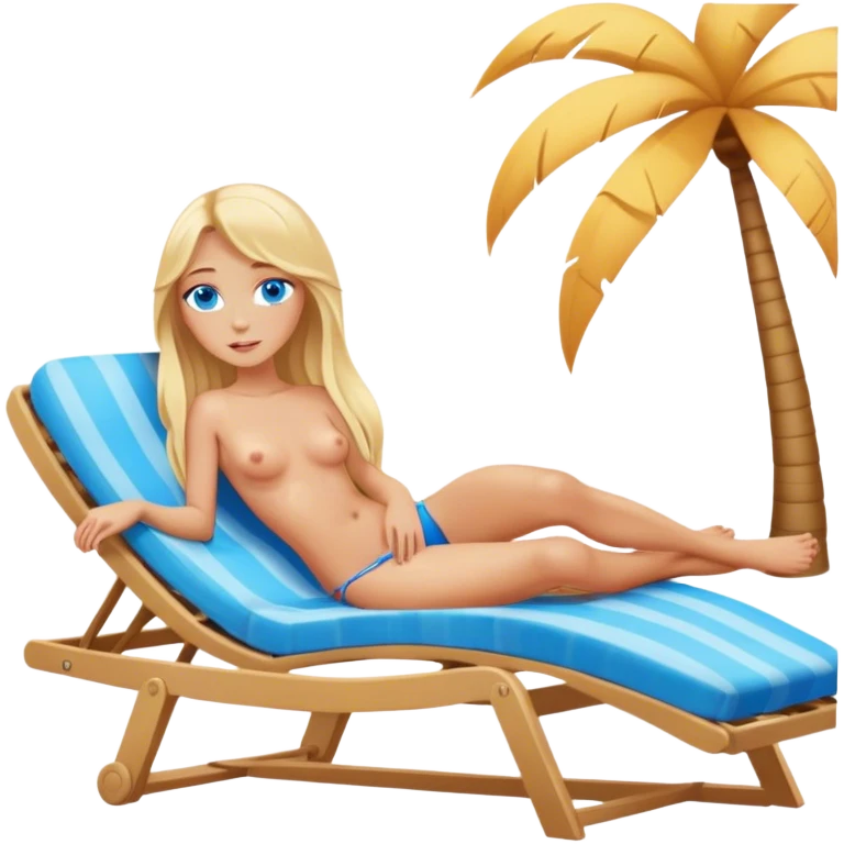 A cinematically realistic blonde with long hair and blue eyes is lying on a chaise longue, sunbathing in the sun emoji