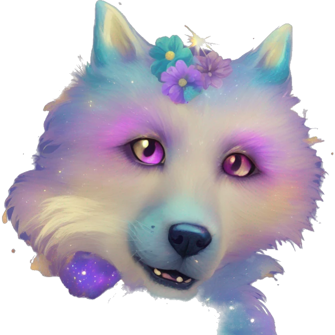 iridescent kintsugi fluffy zombie dog fox head zombie skull skeleton gold mechanical nebula galaxy stars colorful flowers fairy lights vintage zombie emoji