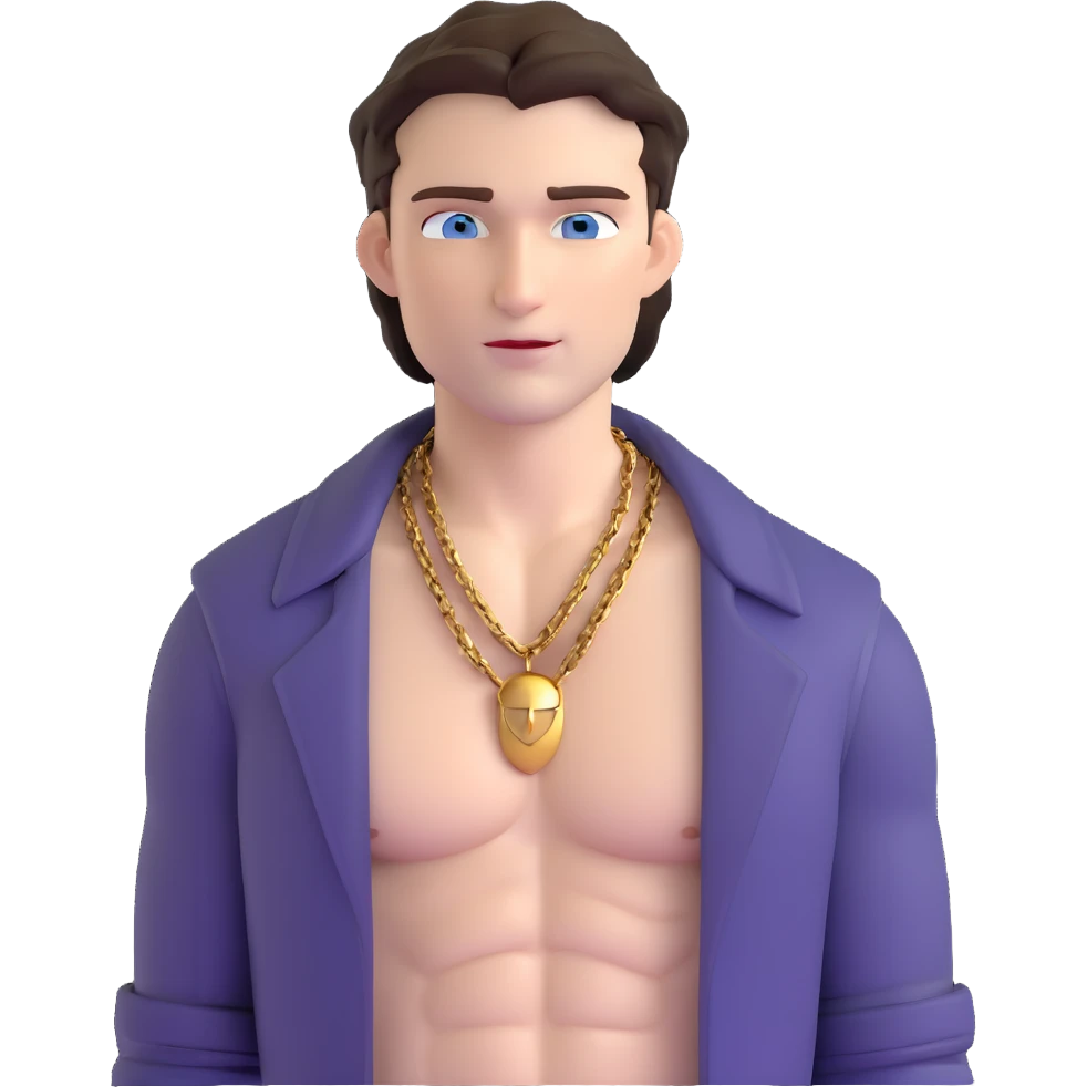 handsome male with intense blue-grey eyes, chiseled features, pale skin, confident smirk, dark brown styled hair, baddie energy, gold chain, very revealing open shirt showing chest and abs emoji
