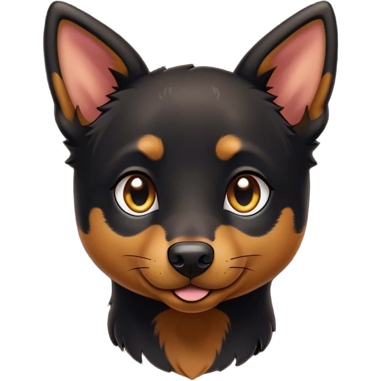 Cinematic Cute Black and Tan Kelpie Portrait Emoji, Head tilted playfully and inquisitively, featuring a sleek black Fur with vibrant tan markings, round, sparkling dark eyes filled with curiosity, Simplified yet irresistibly adorable features, highly detailed, glowing with a warm, friendly glow, high shine, affectionate and spirited, stylized with a touch of whimsy, bright and endearing, soft glowing outline, capturing the essence of a mischievous yet loving herder, so playful it feels like it could leap out of the screen and into your arms! emoji