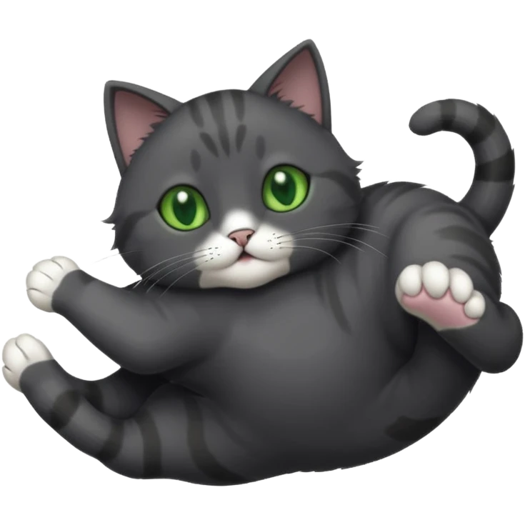 solid dark grey cat with green eyes, white toes/paws playfully rolling upside down emoji