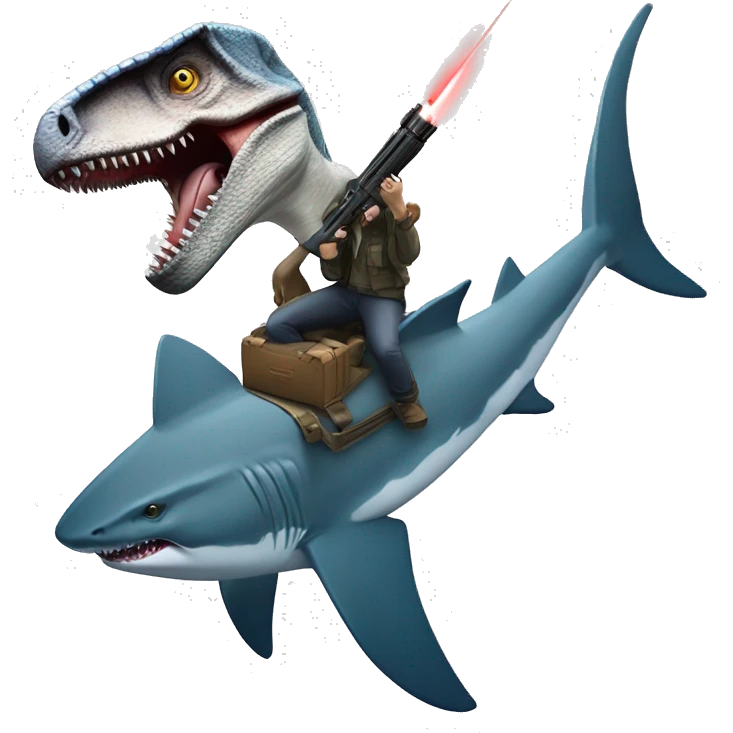 Velociraptor shooting laser guns while riding a great white shark emoji