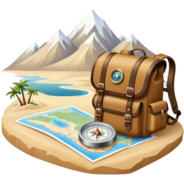 Icon for Expeditions: a compass, a map, a backpack and a rugged expedition jeep, set against a backdrop of snowy mountains, sand dunes and tropical islands. The icon should capture the spirit of adventure and exploration in diverse landscapes. Transparent background. emoji