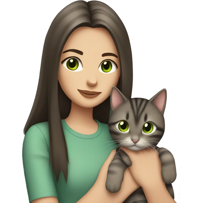 Brunette girl with straight hair, green eyes, holds a gray, striped, brown-eyed cat in her arms emoji