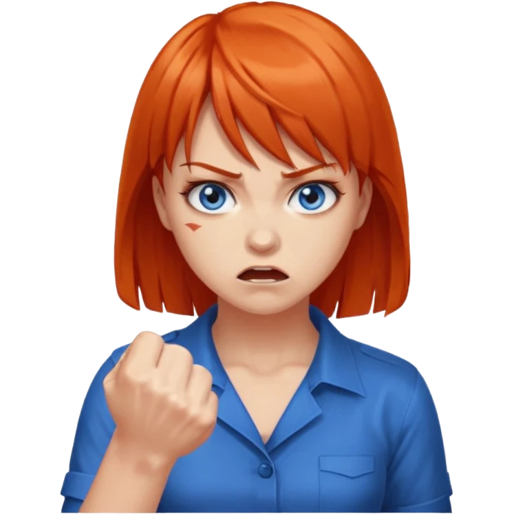 A woman with dark orange hair and bangs, blue eyes, an asmr streamer, angry, clenching his fist emoji