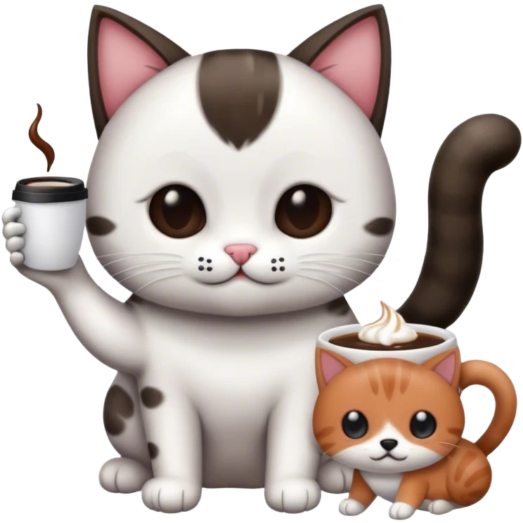 gatito de manchas blancas y negras dando la mano a un perrito de manchas blanco con café emoji