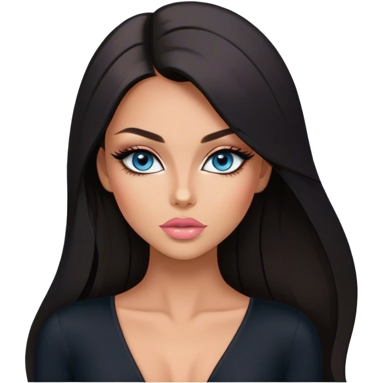 Glamours, tanned, beautiful, girl, with blue eyes, big pump peach-beige-rose lips, eyeliner, long lashes, black straight smooth silky long hair, straight parting hair,  in black v-neck bodysuit emoji