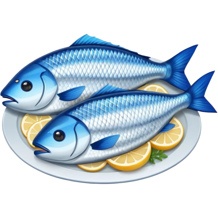Fish dishes avatar in bright emoji-style illustration. Grilled fish, fillets, and seafood, blue and silver tones, simple shapes, flat design, fresh and flavorful. emoji