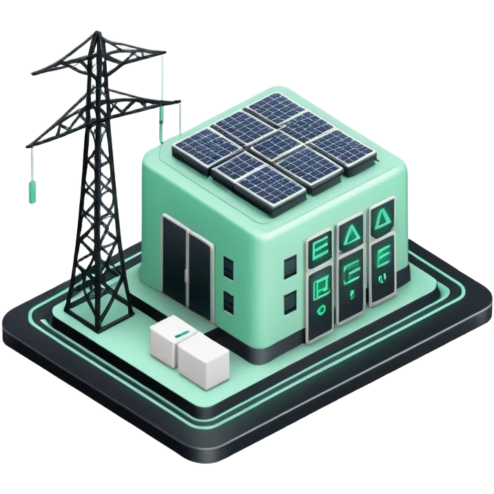 Énergie (Energy), 3D technical icon with black and mint green (#B5F4D3), energy regulatory framework with power grid schematics and compliance metrics emoji