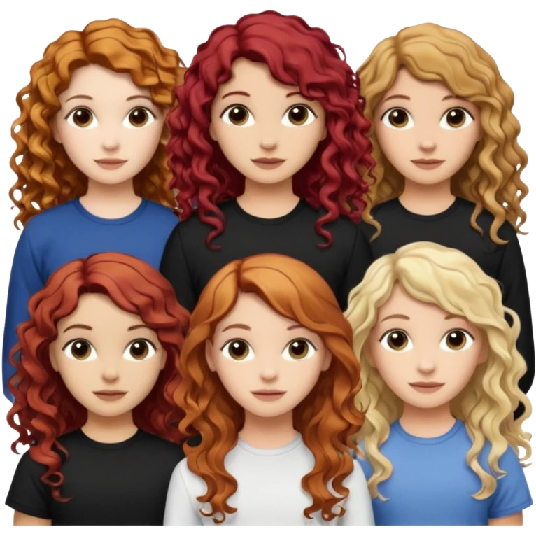 5 girls. The 1st girl has curly read hair. The 2nd girl has dyed blonde hair with brunette roots and she had mid-length hair that is wavy. The 3rd girl has long wavy brunette hair. The 4th girl has mid-length straight brunette hair. The 5th girl has black hair that is mid-length and wavy. emoji